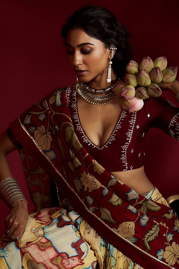 Yellow Silk Kalamkari Handpainted Wedding Lehenga Set by Ekaari at Pernia's Pop Up Shop