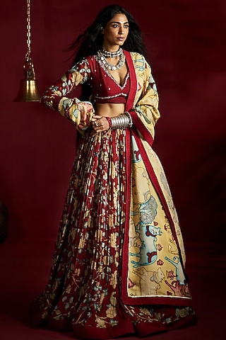 Maroon Silk Kalamkari Handpainted Lehenga Set by Ekaari