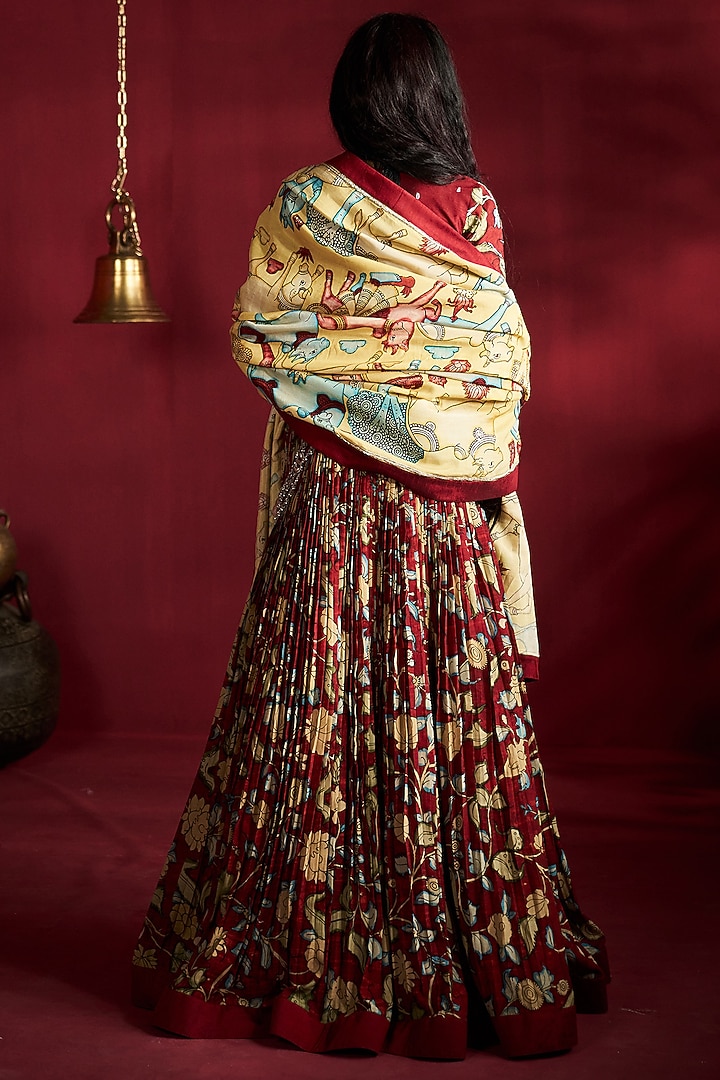 Maroon Silk Kalamkari Handpainted Wedding Lehenga Set by Ekaari at Pernia's Pop Up Shop