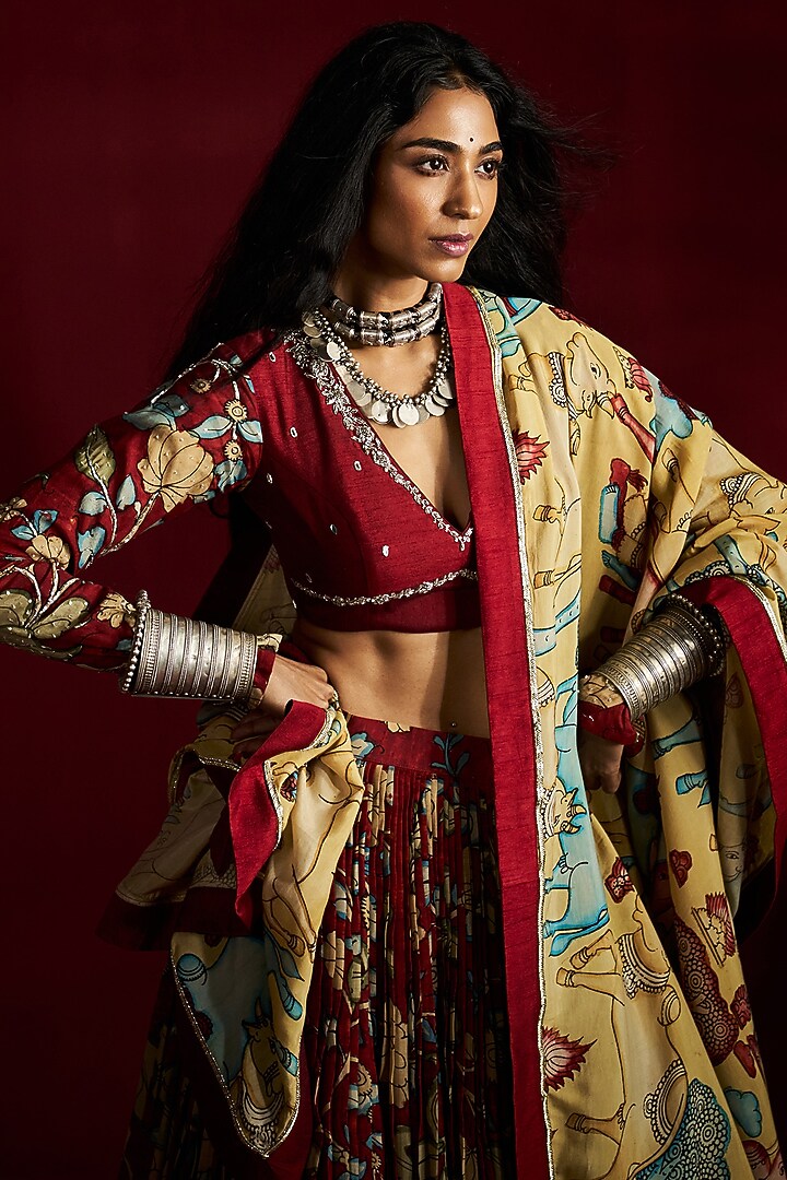 Maroon Silk Kalamkari Handpainted Wedding Lehenga Set by Ekaari at Pernia's Pop Up Shop