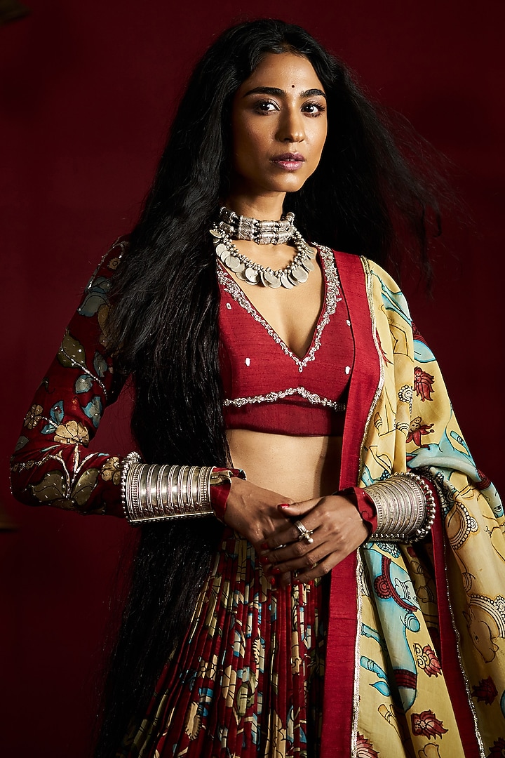 Maroon Silk Kalamkari Handpainted Wedding Lehenga Set by Ekaari at Pernia's Pop Up Shop