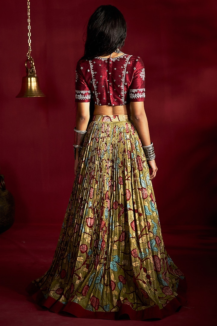 Green Silk Kalamkari Handpainted Wedding Lehenga Set by Ekaari at Pernia's Pop Up Shop