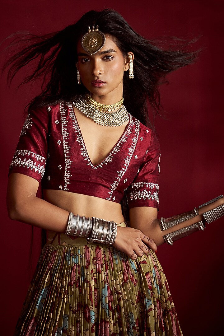 Green Silk Kalamkari Handpainted Wedding Lehenga Set by Ekaari at Pernia's Pop Up Shop