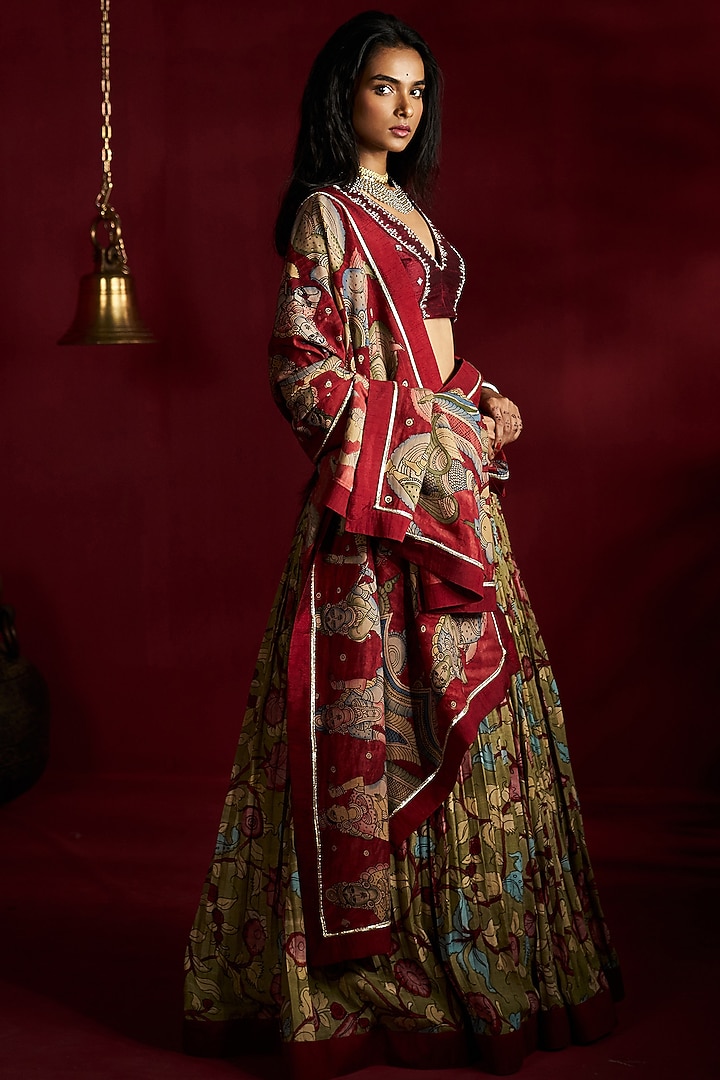 Green Silk Kalamkari Handpainted Wedding Lehenga Set by Ekaari at Pernia's Pop Up Shop