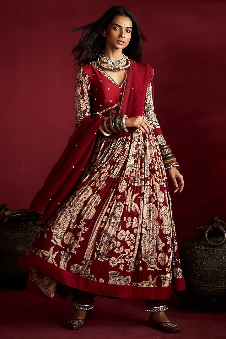 Maroon Silk Handpainted & Embroidered Wedding Anarkali Set by Ekaari at Pernia's Pop Up Shop