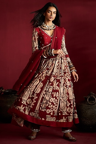 Maroon Silk Kalamkari Handpainted & Hand Embroidered Anarkali Set by Ekaari