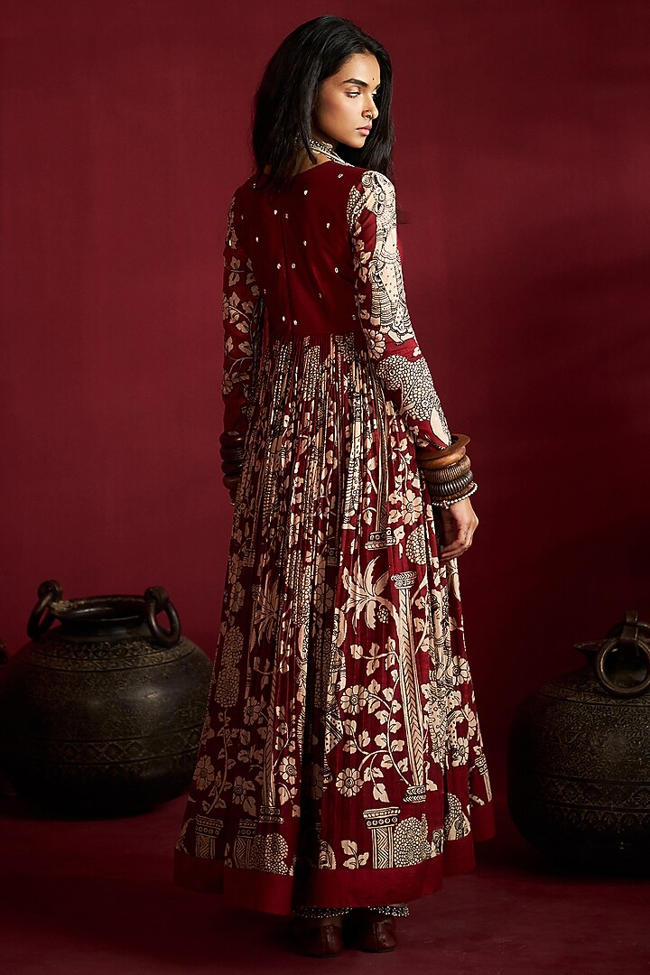 Maroon Silk Kalamkari Handpainted & Hand Embroidered Wedding Anarkali Set by Ekaari at Pernia's Pop Up Shop
