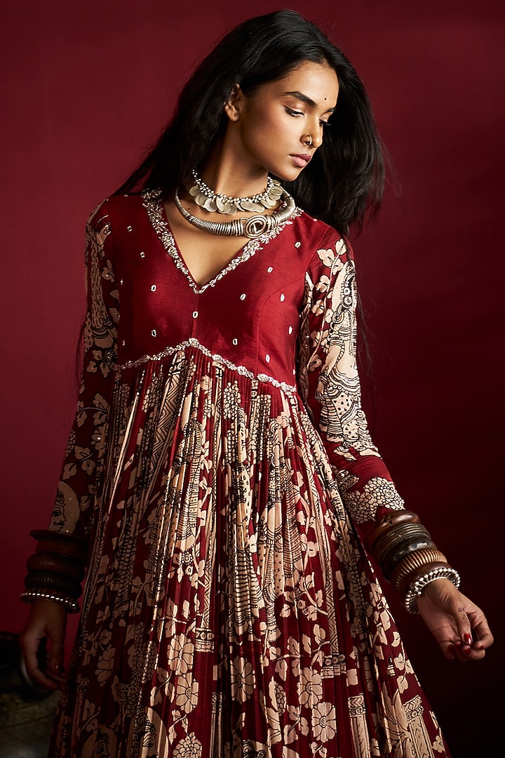 Maroon Silk Kalamkari Handpainted & Hand Embroidered Wedding Anarkali Set by Ekaari at Pernia's Pop Up Shop