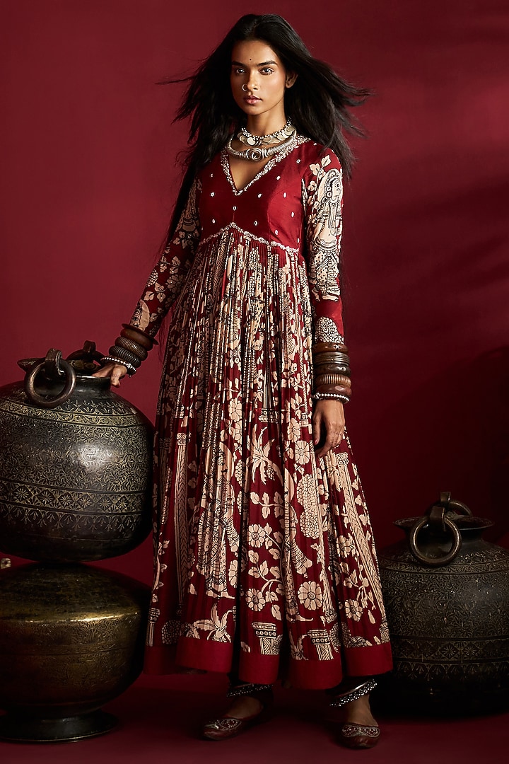 Maroon Silk Kalamkari Handpainted & Hand Embroidered Wedding Anarkali Set by Ekaari at Pernia's Pop Up Shop