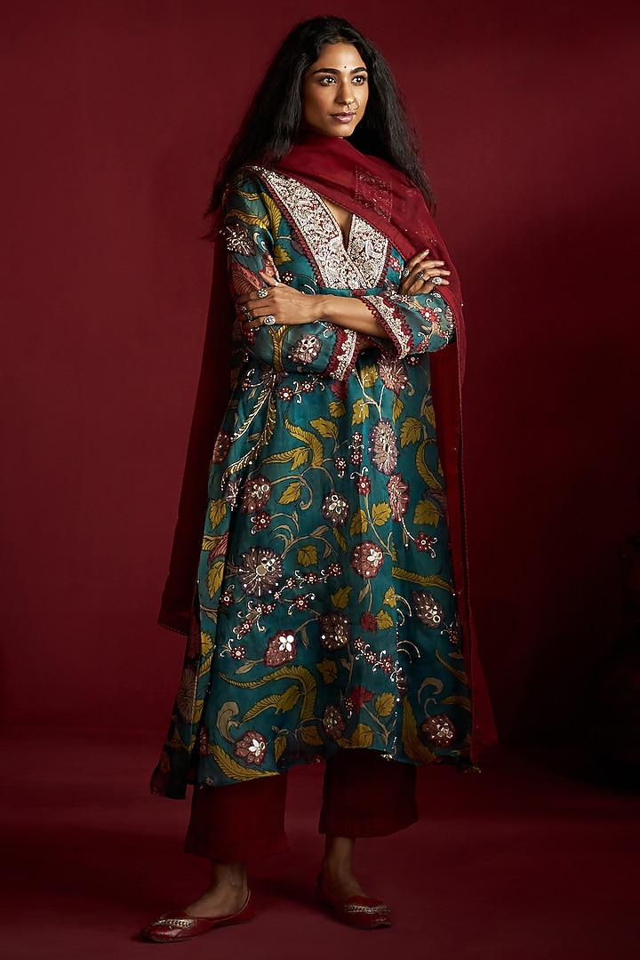 Teal Pure Organza Handpainted & Hand Embroidered Kurta Set by Ekaari at Pernia's Pop Up Shop