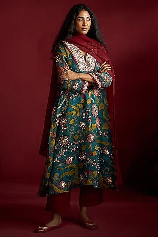 Teal Pure Organza Kalamkari Handpainted & Hand Embroidered Kurta Set by Ekaari