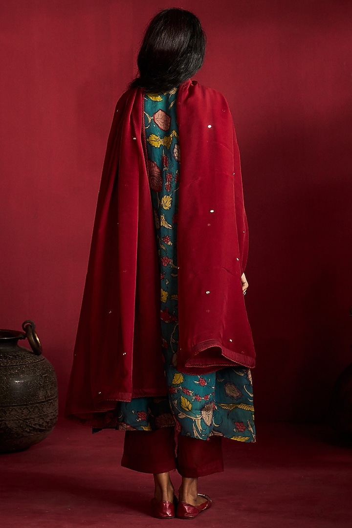 Teal Pure Organza Kalamkari Handpainted & Hand Embroidered Kurta Set by Ekaari at Pernia's Pop Up Shop