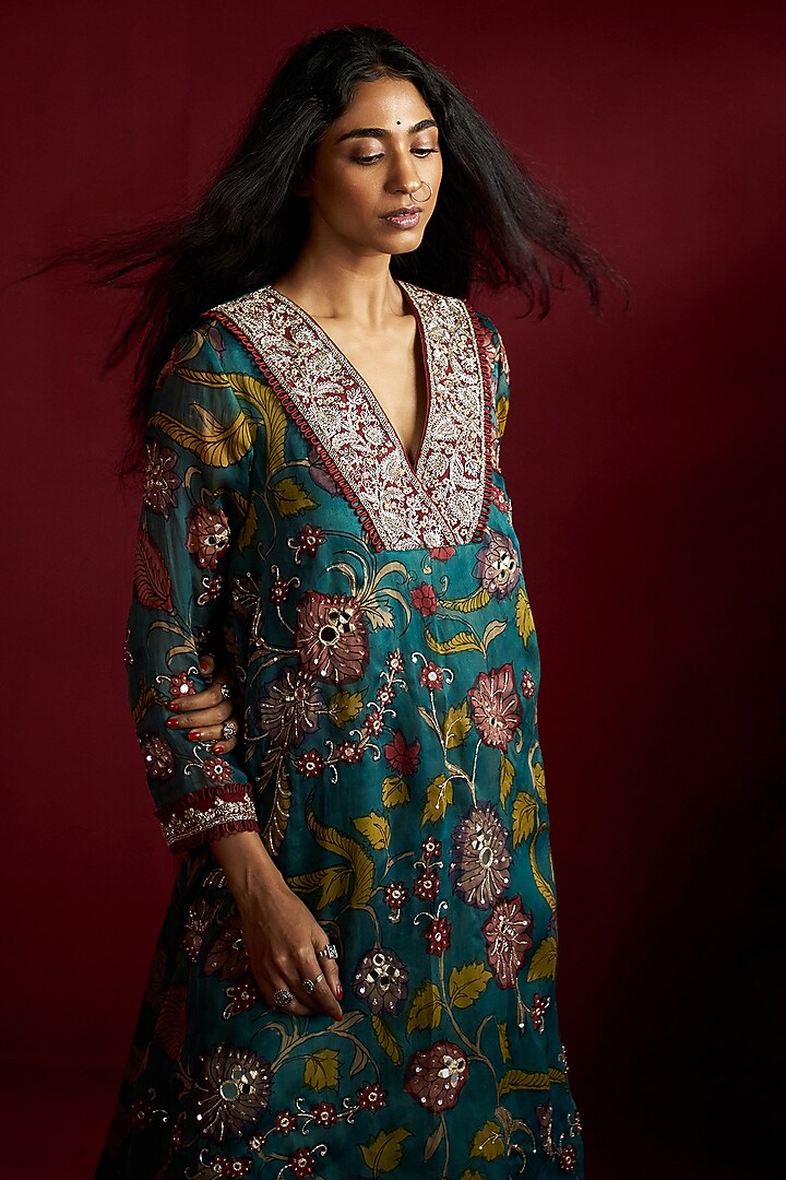 Teal Pure Organza Kalamkari Handpainted & Hand Embroidered Kurta Set by Ekaari at Pernia's Pop Up Shop