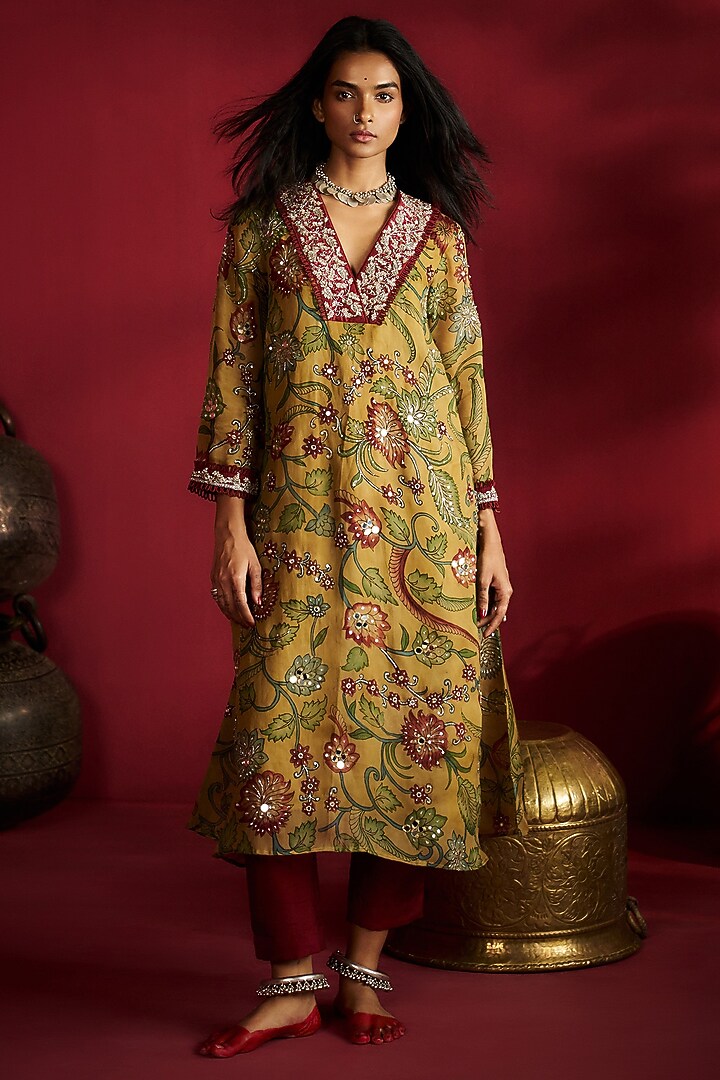 Mustard Pure Organza Handpainted & Hand Embroidered Kurta Set by Ekaari at Pernia's Pop Up Shop