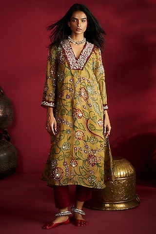 Mustard Pure Organza Kalamkari Handpainted & Hand Embroidered Kurta Set by Ekaari