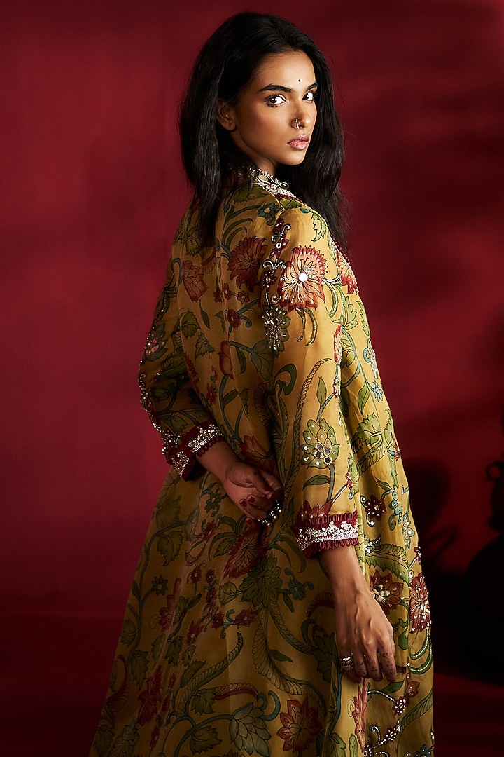 Mustard Pure Organza Kalamkari Handpainted & Hand Embroidered Kurta Set by Ekaari at Pernia's Pop Up Shop