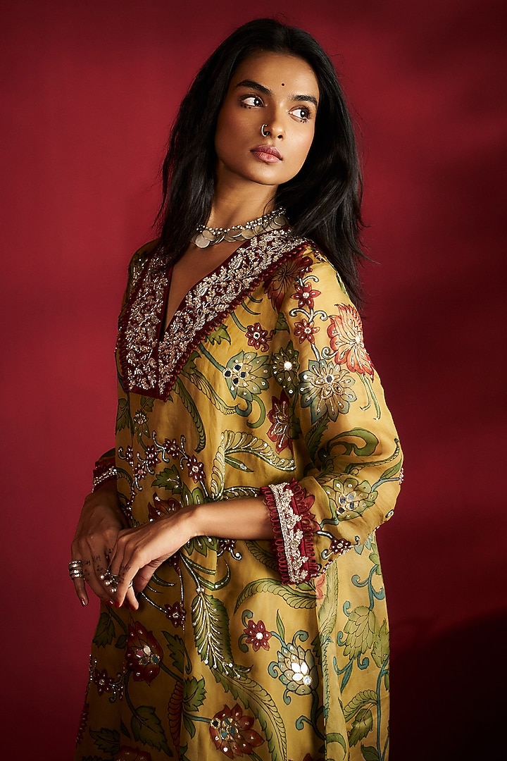 Mustard Pure Organza Kalamkari Handpainted & Hand Embroidered Kurta Set by Ekaari at Pernia's Pop Up Shop