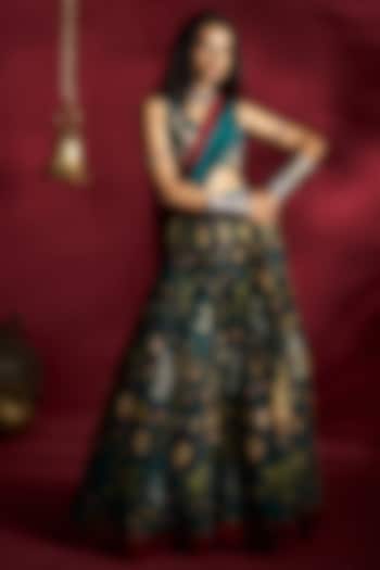 Peacock Green Silk Handpainted Wedding Lehenga Set by Ekaari at Pernia's Pop Up Shop
