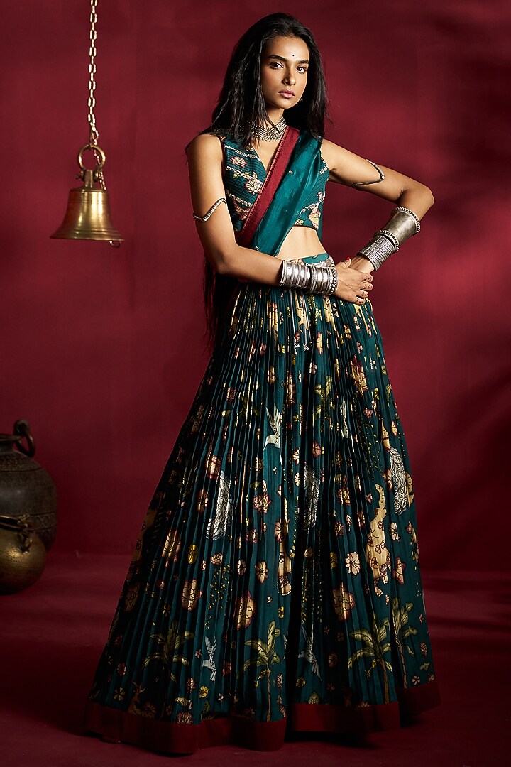 Peacock Green Silk Handpainted Wedding Lehenga Set by Ekaari at Pernia's Pop Up Shop
