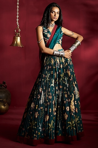 Peacock Green Silk Kalamkari Handpainted Lehenga Set by Ekaari
