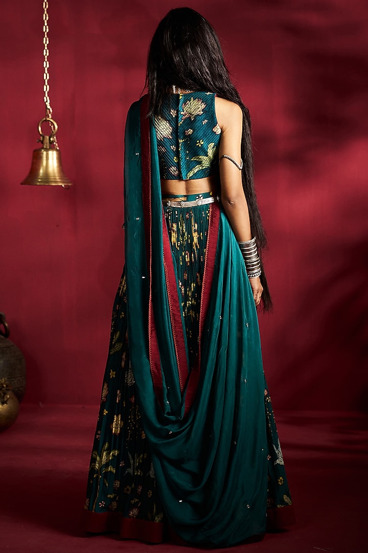 Peacock Green Silk Kalamkari Handpainted Wedding Lehenga Set by Ekaari at Pernia's Pop Up Shop
