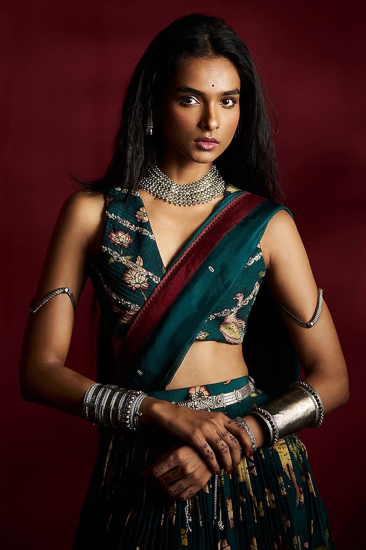 Peacock Green Silk Kalamkari Handpainted Wedding Lehenga Set by Ekaari at Pernia's Pop Up Shop