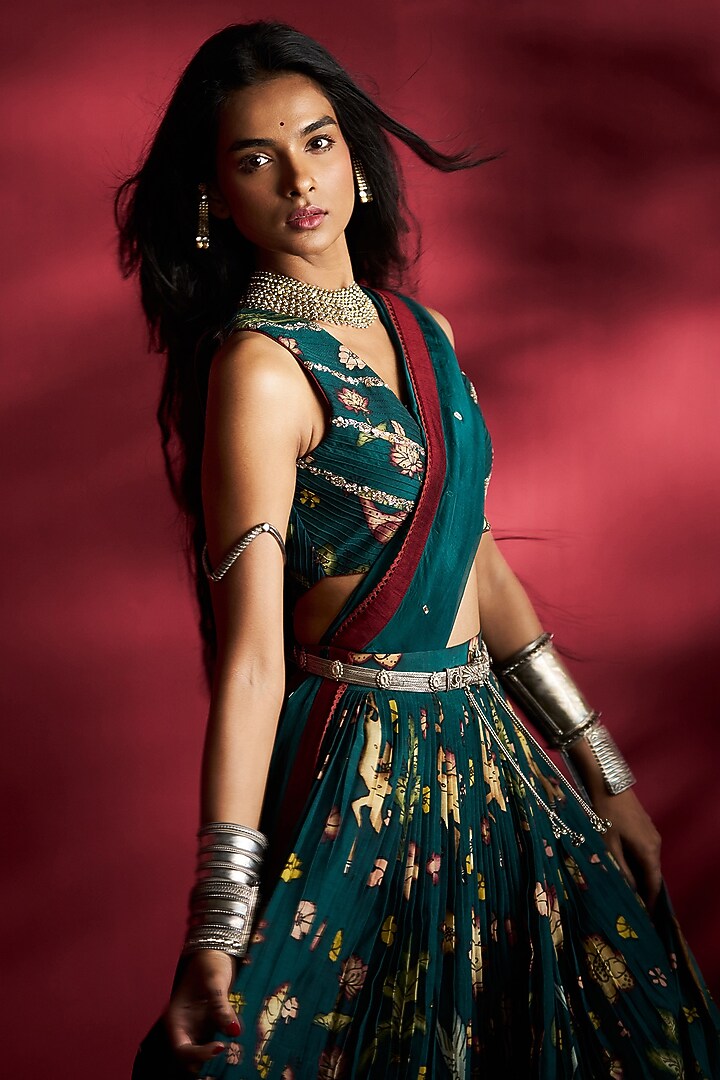 Peacock Green Silk Kalamkari Handpainted Wedding Lehenga Set by Ekaari at Pernia's Pop Up Shop