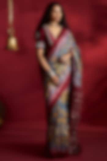 Teal Gicha Tussar Handpainted & Embroidered Wedding Saree Set by Ekaari at Pernia's Pop Up Shop