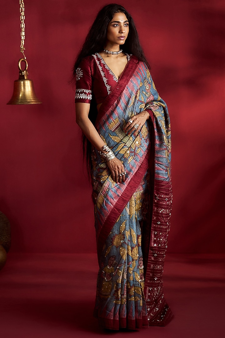 Teal Gicha Tussar Handpainted & Embroidered Wedding Saree Set by Ekaari at Pernia's Pop Up Shop