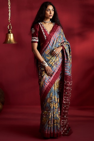 Teal Gicha Tussar Kalamkari Handpainted & Hand Embroidered Saree Set by Ekaari