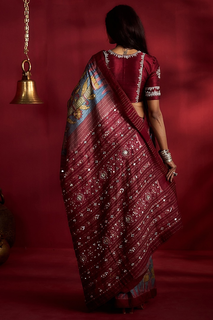 Teal Gicha Tussar Kalamkari Handpainted & Hand Embroidered Wedding Saree Set by Ekaari at Pernia's Pop Up Shop