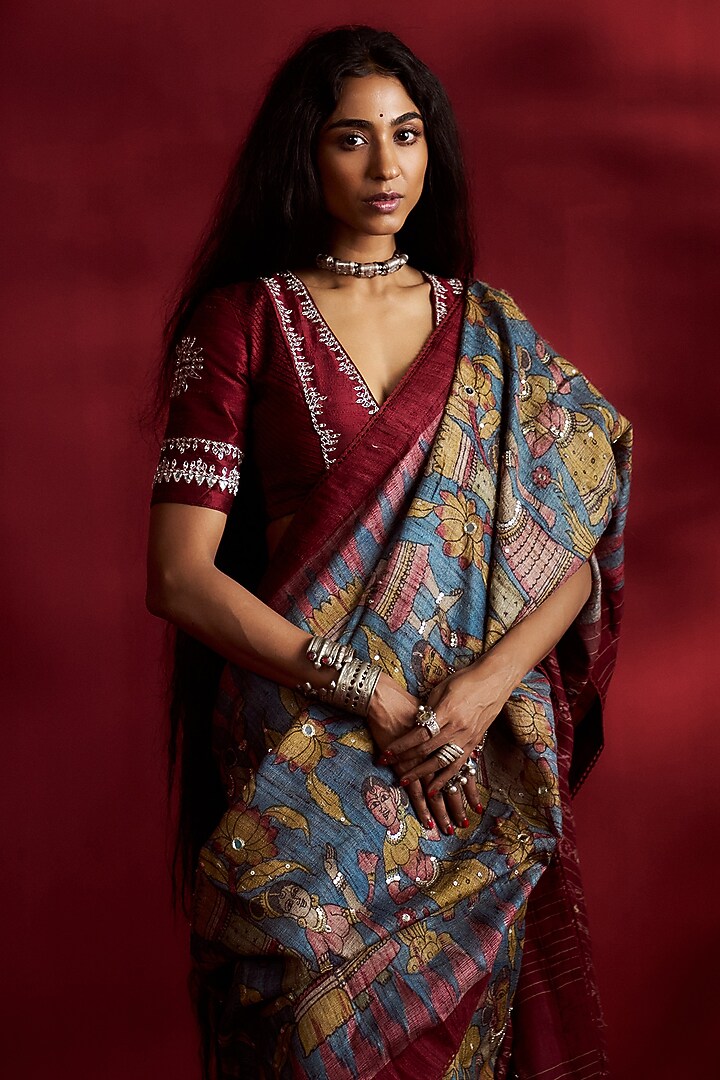 Teal Gicha Tussar Kalamkari Handpainted & Hand Embroidered Wedding Saree Set by Ekaari at Pernia's Pop Up Shop