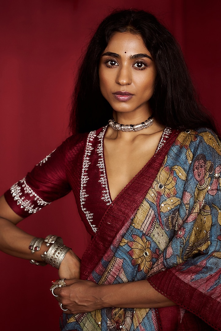 Teal Gicha Tussar Kalamkari Handpainted & Hand Embroidered Wedding Saree Set by Ekaari at Pernia's Pop Up Shop