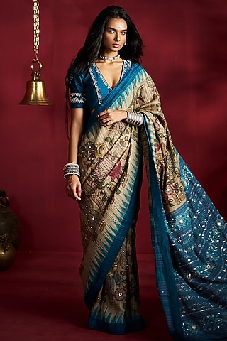 Beige Gicha Tussar Kalamkari Handpainted & Hand Embroidered Saree Set by Ekaari