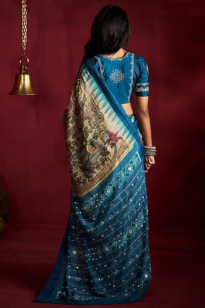 Beige Gicha Tussar Kalamkari Handpainted & Hand Embroidered Wedding Saree Set by Ekaari at Pernia's Pop Up Shop