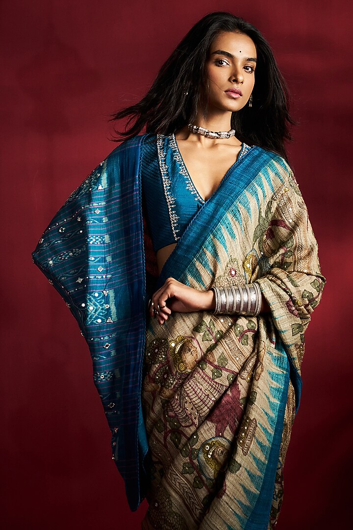 Beige Gicha Tussar Kalamkari Handpainted & Hand Embroidered Wedding Saree Set by Ekaari at Pernia's Pop Up Shop