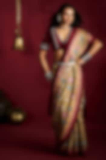 Yellow Gicha Tussar Handpainted & Embroidered Wedding Saree Set by Ekaari at Pernia's Pop Up Shop