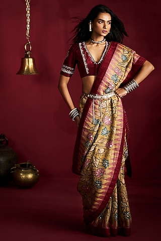 Yellow Gicha Tussar Kalamkari Handpainted & Hand Embroidered Saree Set by Ekaari