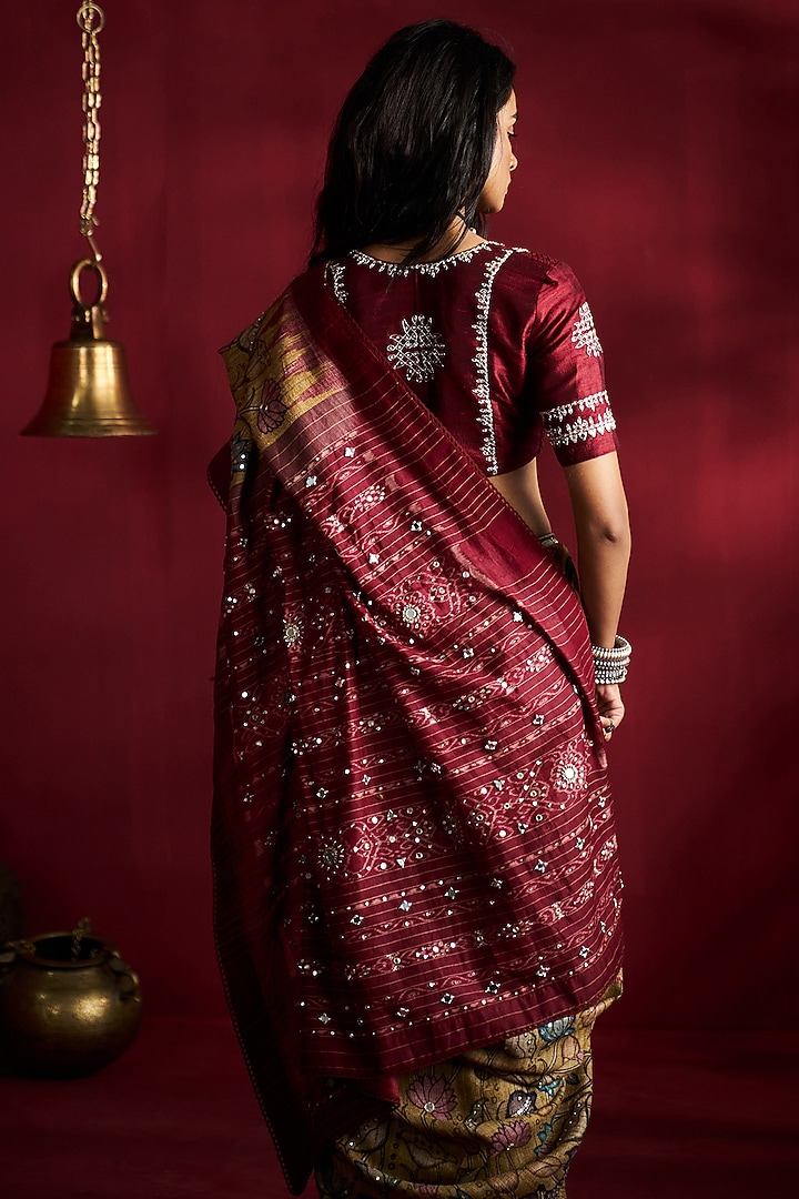 Yellow Gicha Tussar Kalamkari Handpainted & Hand Embroidered Wedding Saree Set by Ekaari at Pernia's Pop Up Shop