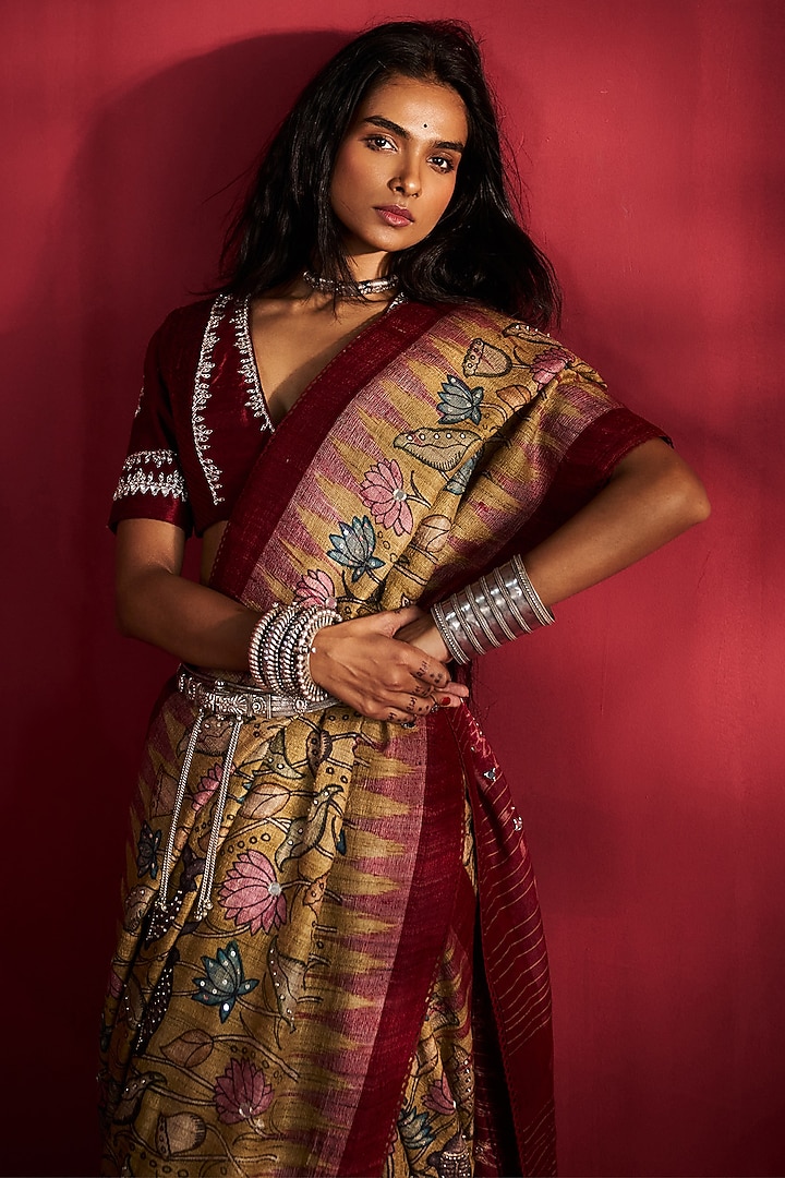 Yellow Gicha Tussar Kalamkari Handpainted & Hand Embroidered Wedding Saree Set by Ekaari at Pernia's Pop Up Shop