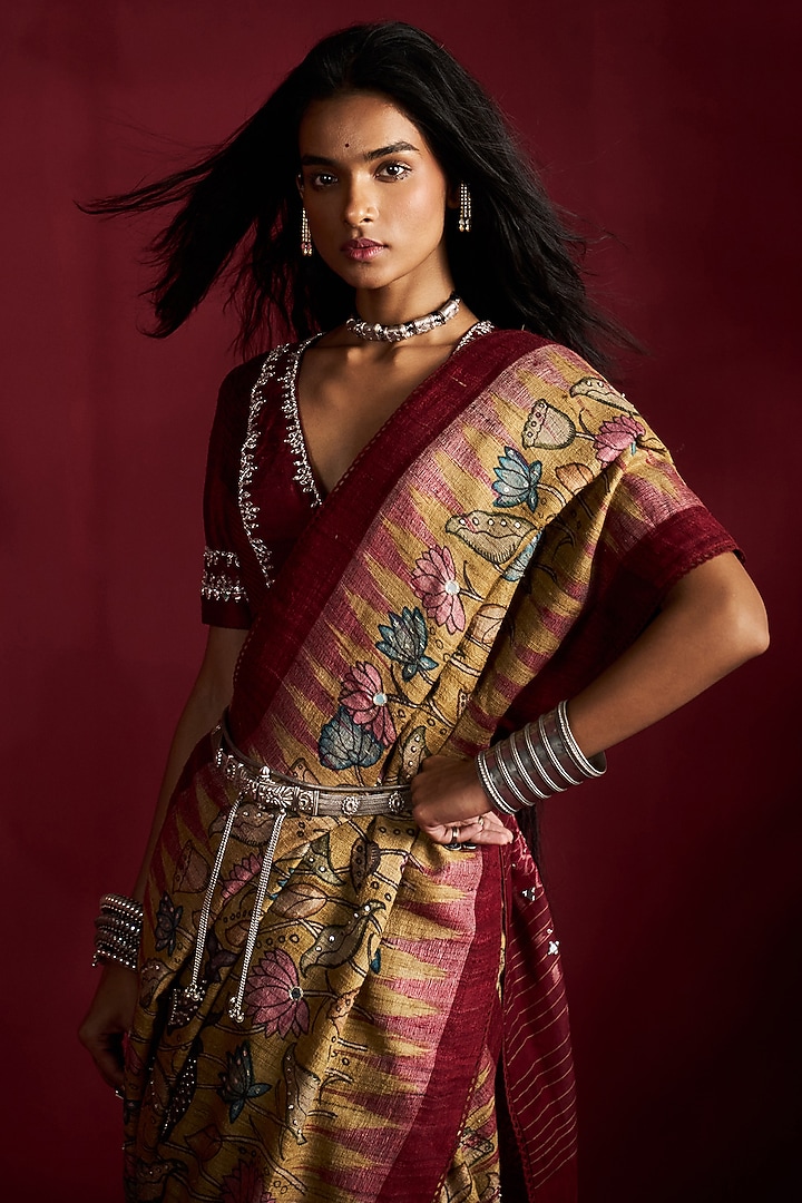 Yellow Gicha Tussar Kalamkari Handpainted & Hand Embroidered Wedding Saree Set by Ekaari at Pernia's Pop Up Shop