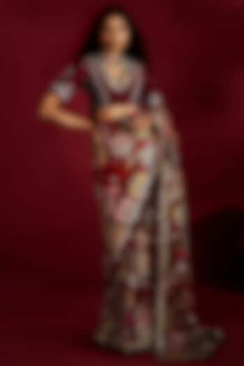 Maroon Silk Handpainted & Embroidered Wedding Saree Set by Ekaari at Pernia's Pop Up Shop