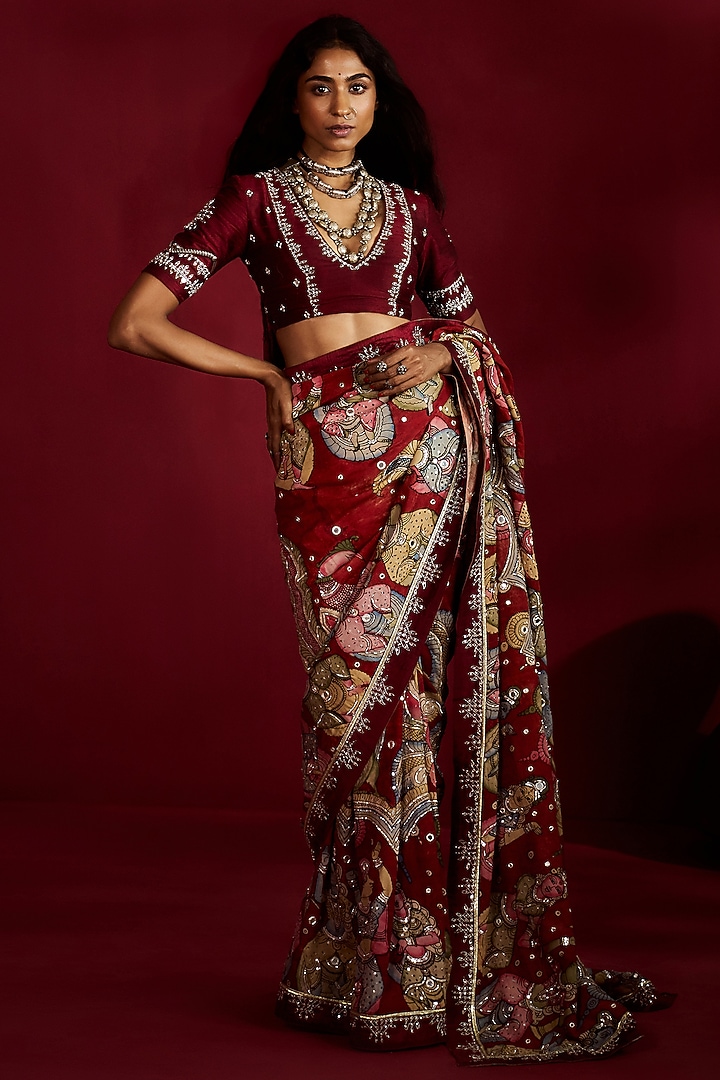Maroon Silk Handpainted & Embroidered Wedding Saree Set by Ekaari at Pernia's Pop Up Shop