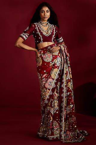 Maroon Silk Kalamkari Handpainted & Hand Embroidered Saree Set by Ekaari