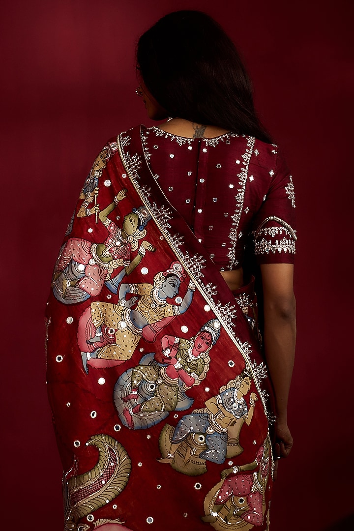 Maroon Silk Kalamkari Handpainted & Hand Embroidered Wedding Saree Set by Ekaari at Pernia's Pop Up Shop