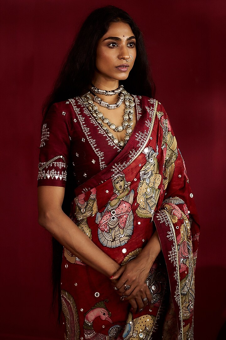 Maroon Silk Kalamkari Handpainted & Hand Embroidered Wedding Saree Set by Ekaari at Pernia's Pop Up Shop