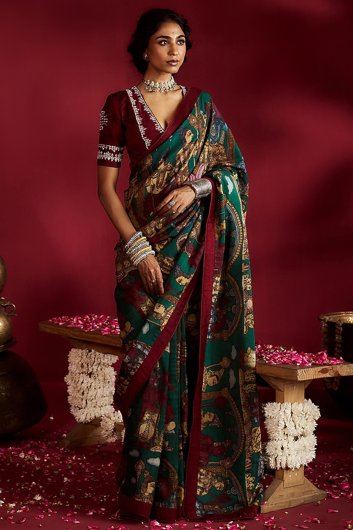 Green Silk Handpainted & Embroidered Wedding Saree Set by Ekaari at Pernia's Pop Up Shop