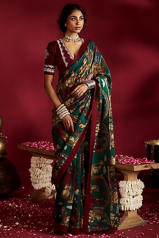 Green Silk Kalamkari Handpainted & Embroidered Saree Set by Ekaari