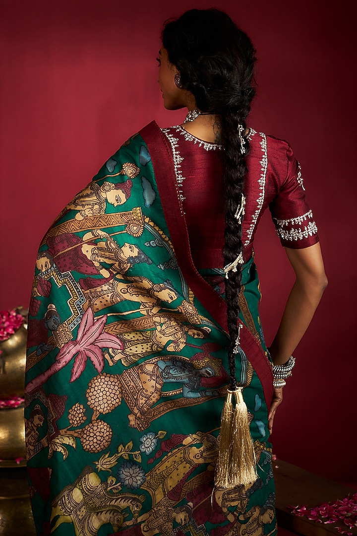 Green Silk Kalamkari Handpainted & Embroidered Wedding Saree Set by Ekaari at Pernia's Pop Up Shop