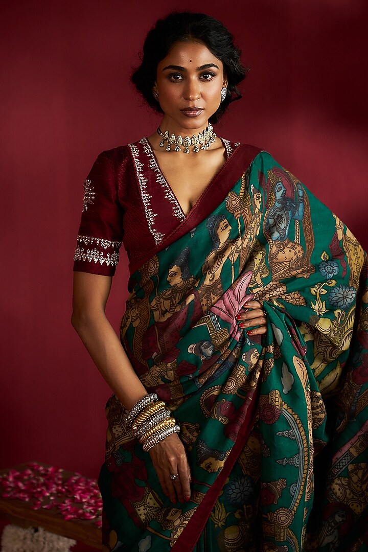 Green Silk Kalamkari Handpainted & Embroidered Wedding Saree Set by Ekaari at Pernia's Pop Up Shop